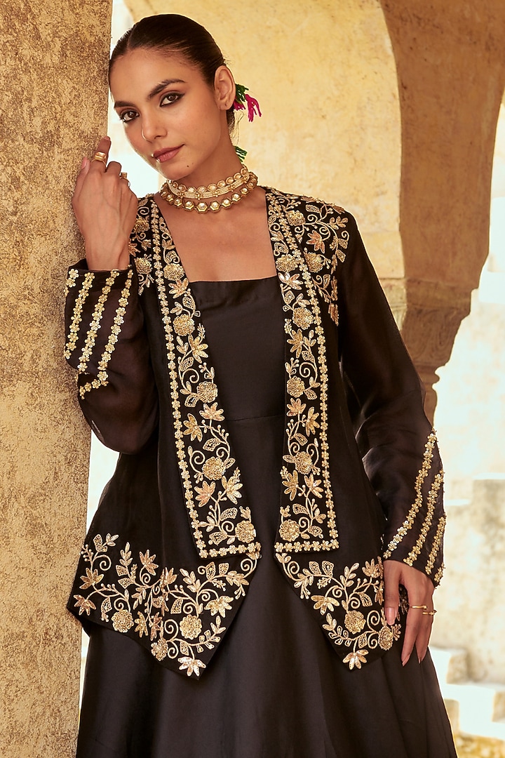 Black Pure Silk Organza Embroidered Jacket Engagement Gown by Vinita Bhansali at Pernia's Pop Up Shop