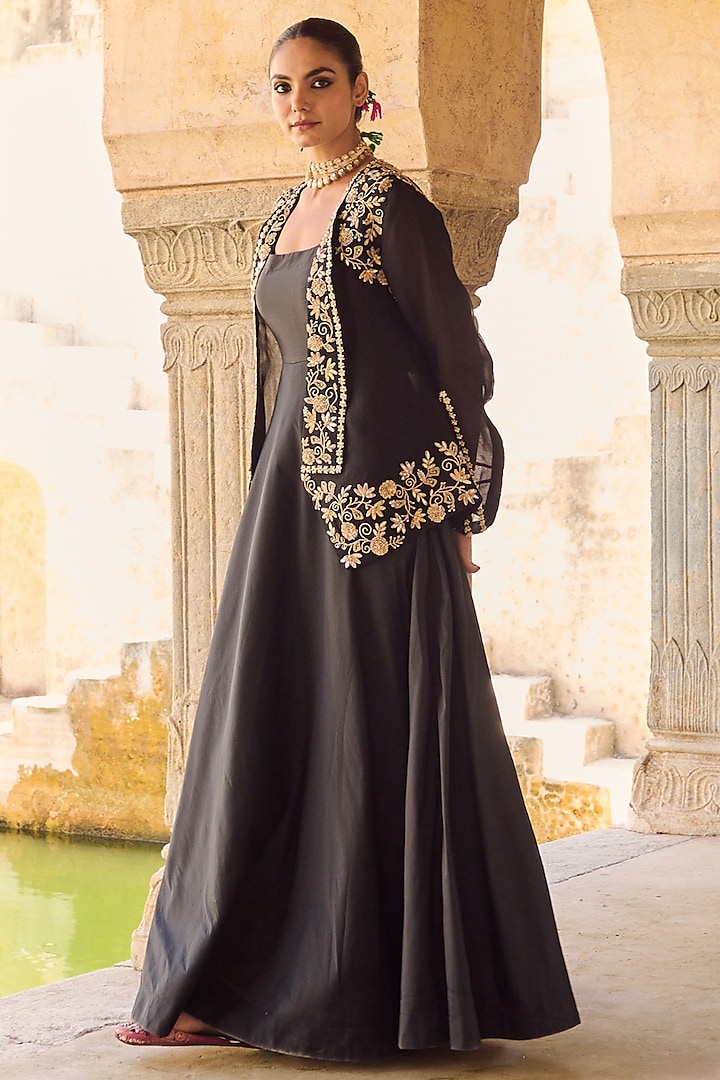 Black Pure Silk Organza Embroidered Jacket Engagement Gown by Vinita Bhansali at Pernia's Pop Up Shop