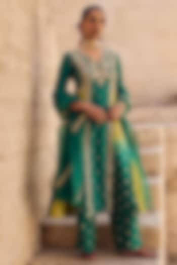 Green & Yellow Pure Banarasi Silk Embroidered Bridal Anarkali Set by Vinita Bhansali at Pernia's Pop Up Shop