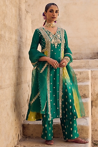 Green & Yellow Pure Banarasi Silk Embroidered Anarkali Set by Vinita Bhansali
