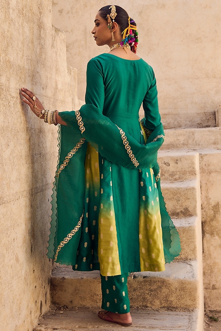 Green & Yellow Pure Banarasi Silk Embroidered Bridal Anarkali Set by Vinita Bhansali at Pernia's Pop Up Shop