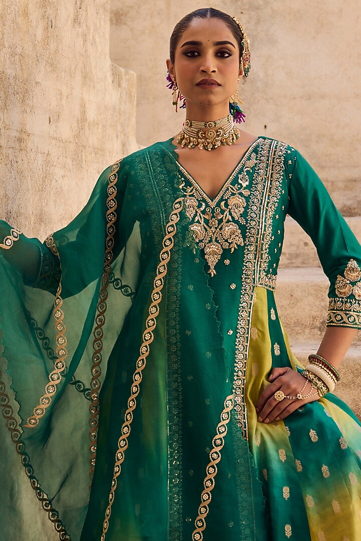 Green & Yellow Pure Banarasi Silk Embroidered Bridal Anarkali Set by Vinita Bhansali at Pernia's Pop Up Shop
