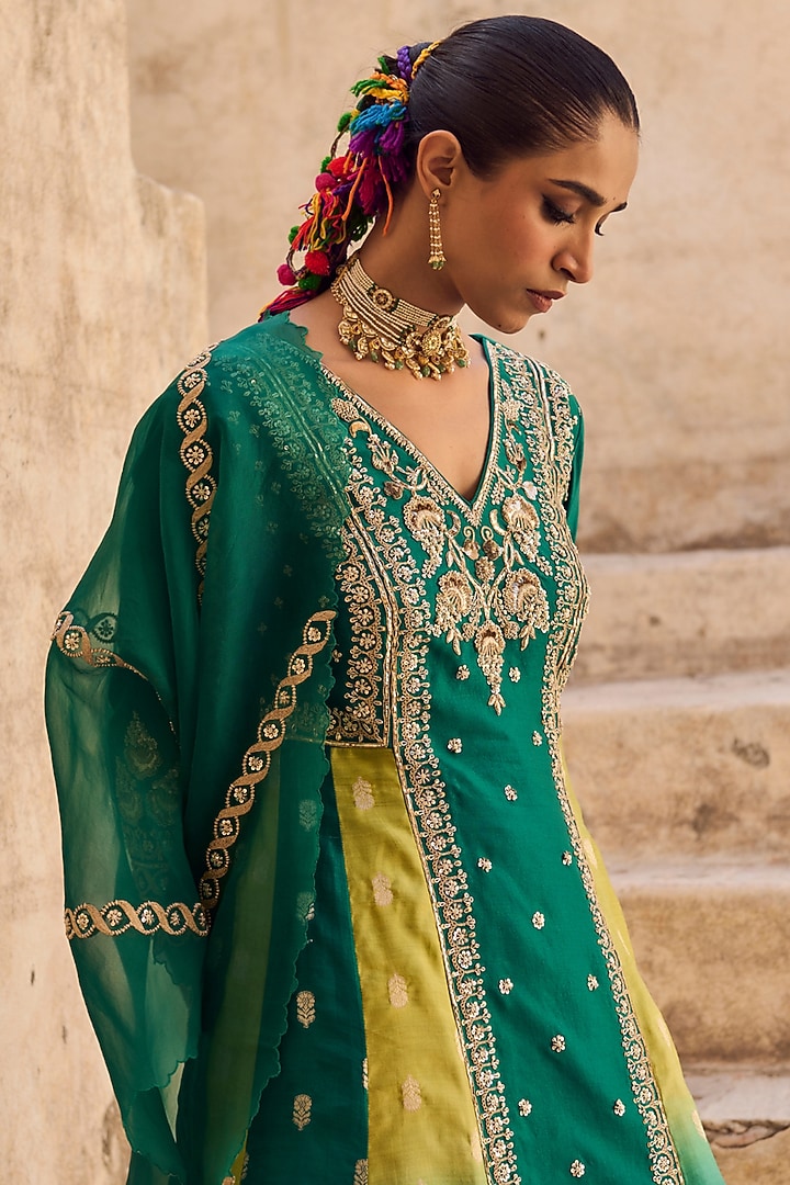 Green & Yellow Pure Banarasi Silk Embroidered Bridal Anarkali Set by Vinita Bhansali at Pernia's Pop Up Shop