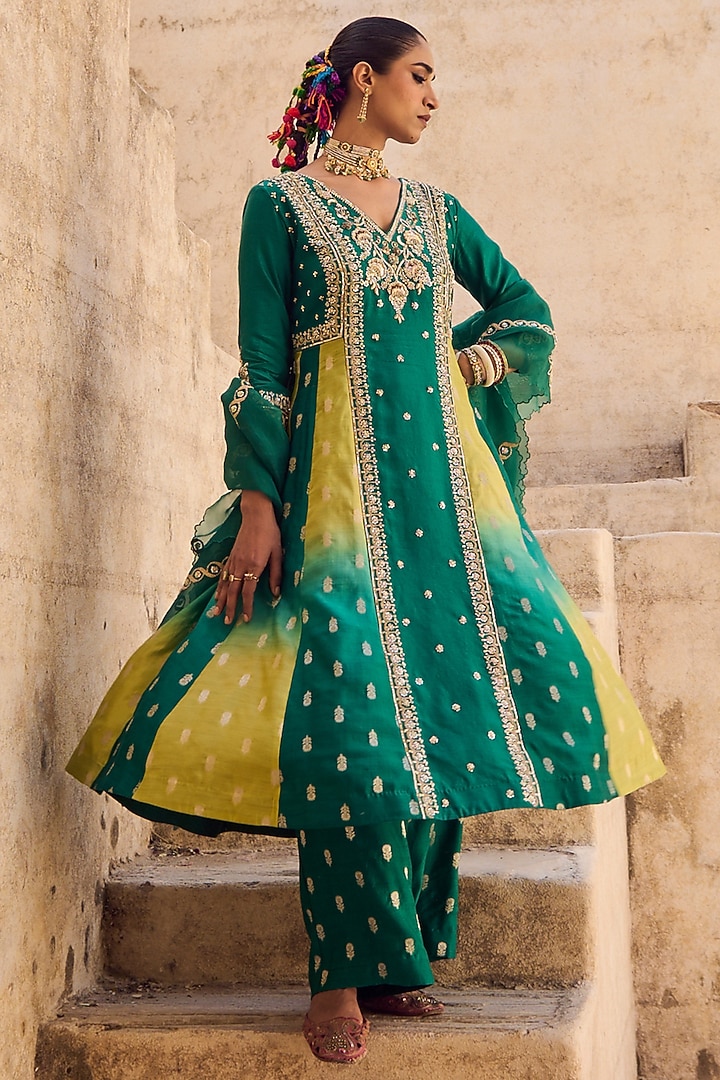 Green & Yellow Pure Banarasi Silk Embroidered Bridal Anarkali Set by Vinita Bhansali at Pernia's Pop Up Shop