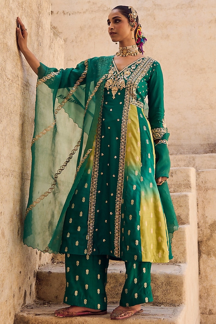Green & Yellow Pure Banarasi Silk Embroidered Bridal Anarkali Set by Vinita Bhansali at Pernia's Pop Up Shop