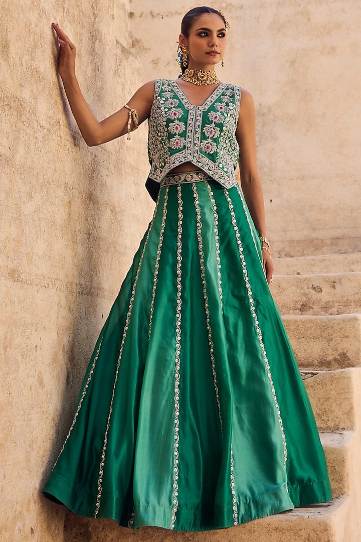 Green Pure Italian Silk Skirt Set by Vinita Bhansali at Pernia's Pop Up Shop