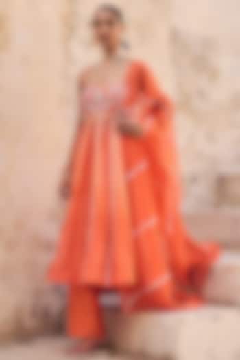 Orange Pure Italian Silk Zardosi Embroidered Wedding Anarkali Set by Vinita Bhansali at Pernia's Pop Up Shop