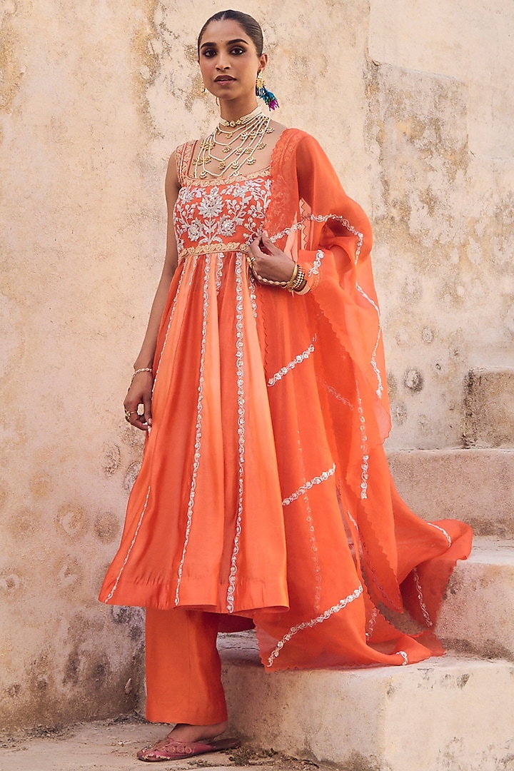 Orange Pure Italian Silk Zardosi Embroidered Wedding Anarkali Set by Vinita Bhansali at Pernia's Pop Up Shop