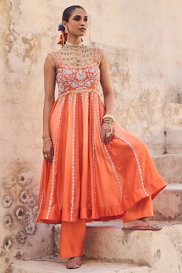 Orange Pure Italian Silk Zardosi Embroidered Wedding Anarkali Set by Vinita Bhansali at Pernia's Pop Up Shop