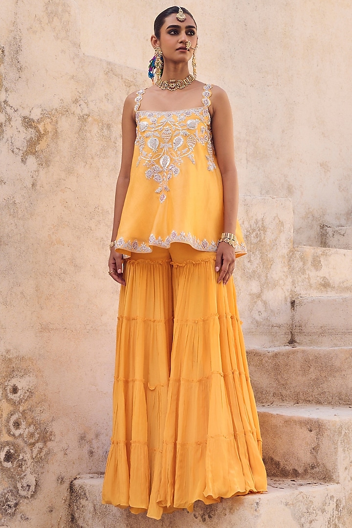 Yellow Pure Crepe Silk Gharara Set by Vinita Bhansali at Pernia's Pop Up Shop