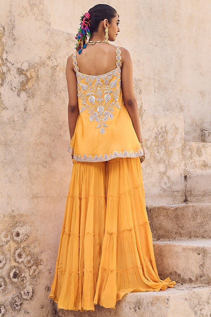 Yellow Pure Crepe Silk Gharara Set by Vinita Bhansali at Pernia's Pop Up Shop