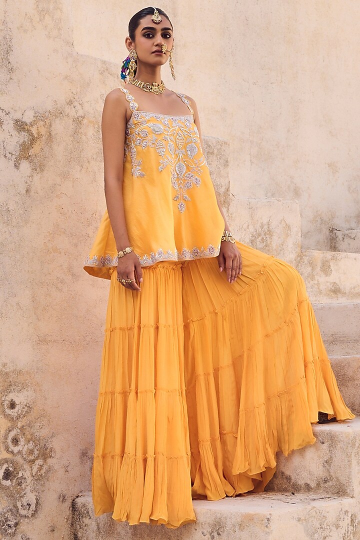Yellow Pure Crepe Silk Gharara Set by Vinita Bhansali at Pernia's Pop Up Shop