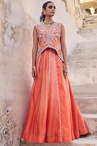 Orange Pure Italian Silk Skirt Set by Vinita Bhansali