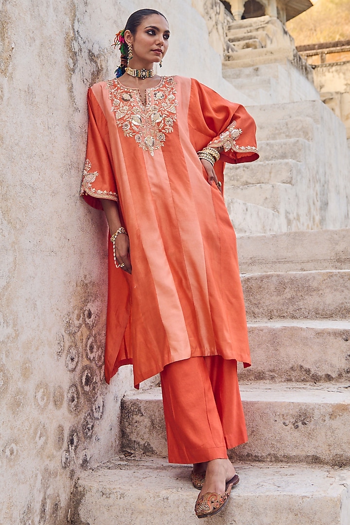 Orange Pure Silk Mukaish Hand Embroidered Kaftan Set by Vinita Bhansali at Pernia's Pop Up Shop
