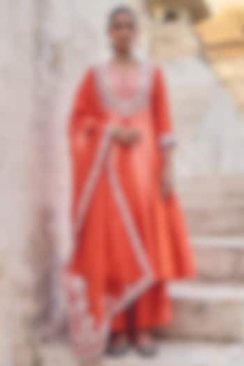 Orange Pure Silk Zardosi Embroidered Wedding Anarkali Set by Vinita Bhansali at Pernia's Pop Up Shop