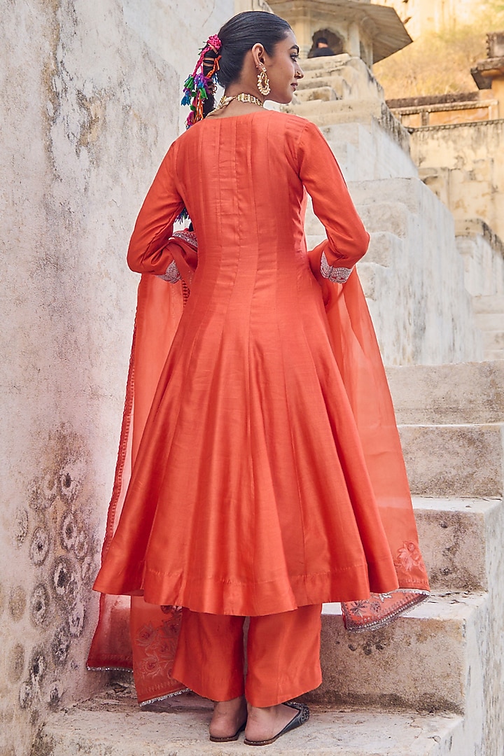 Orange Pure Silk Zardosi Embroidered Wedding Anarkali Set by Vinita Bhansali at Pernia's Pop Up Shop