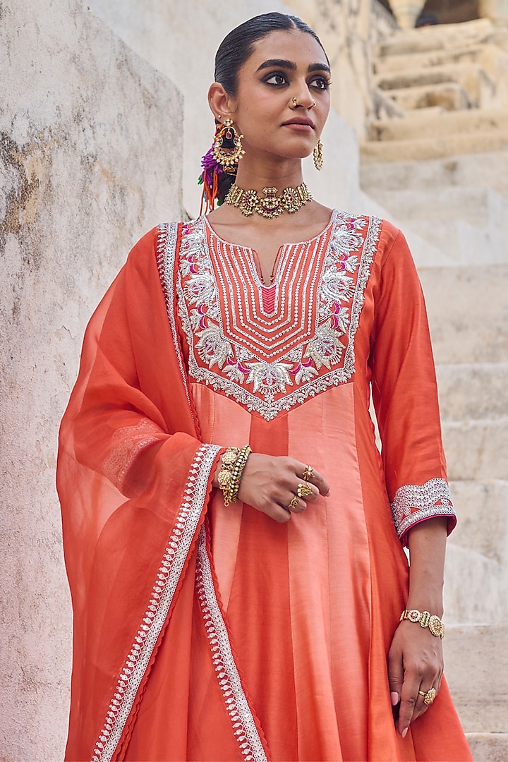 Orange Pure Silk Zardosi Embroidered Wedding Anarkali Set by Vinita Bhansali at Pernia's Pop Up Shop