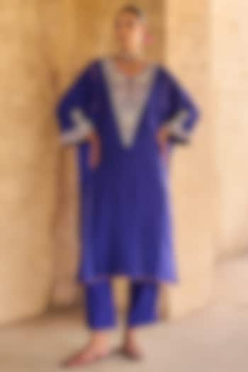 Blue Pure Silk Zardosi Embroidered Kaftan Set by Vinita Bhansali at Pernia's Pop Up Shop