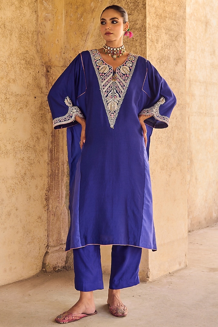 Blue Pure Silk Zardosi Embroidered Kaftan Set by Vinita Bhansali at Pernia's Pop Up Shop