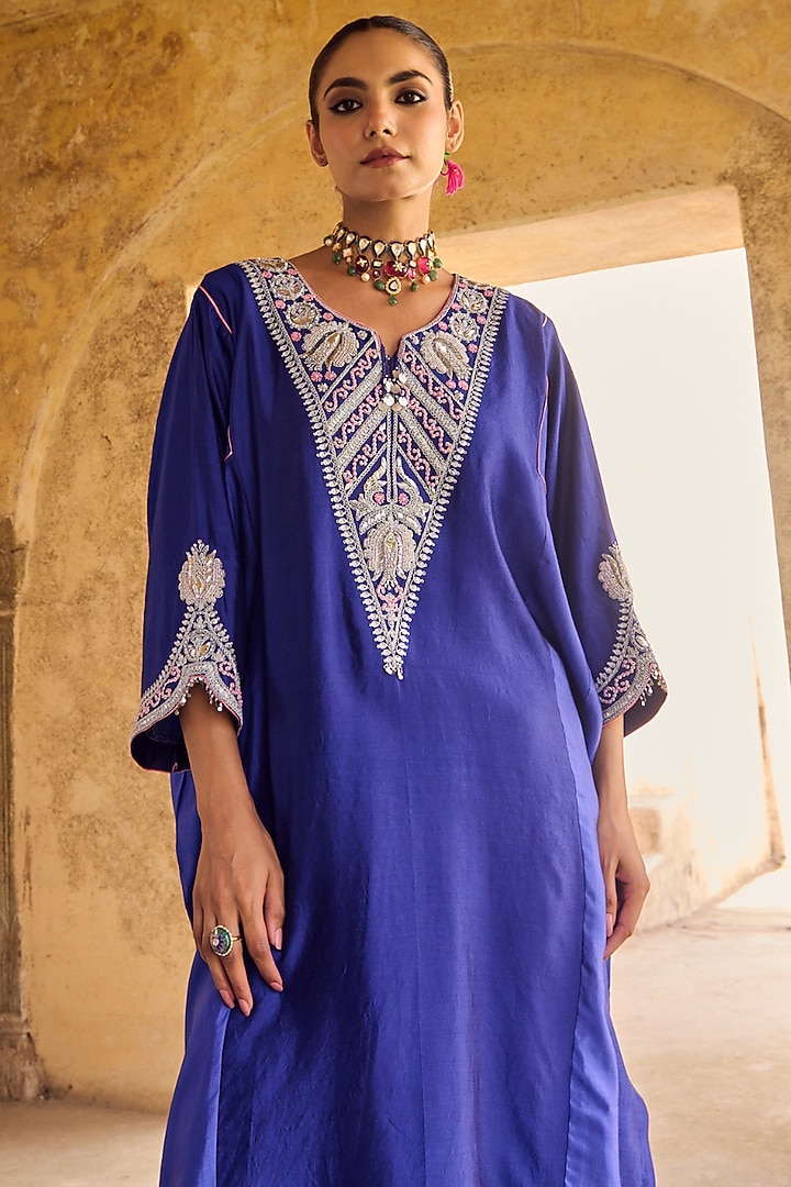 Blue Pure Silk Zardosi Embroidered Kaftan Set by Vinita Bhansali at Pernia's Pop Up Shop