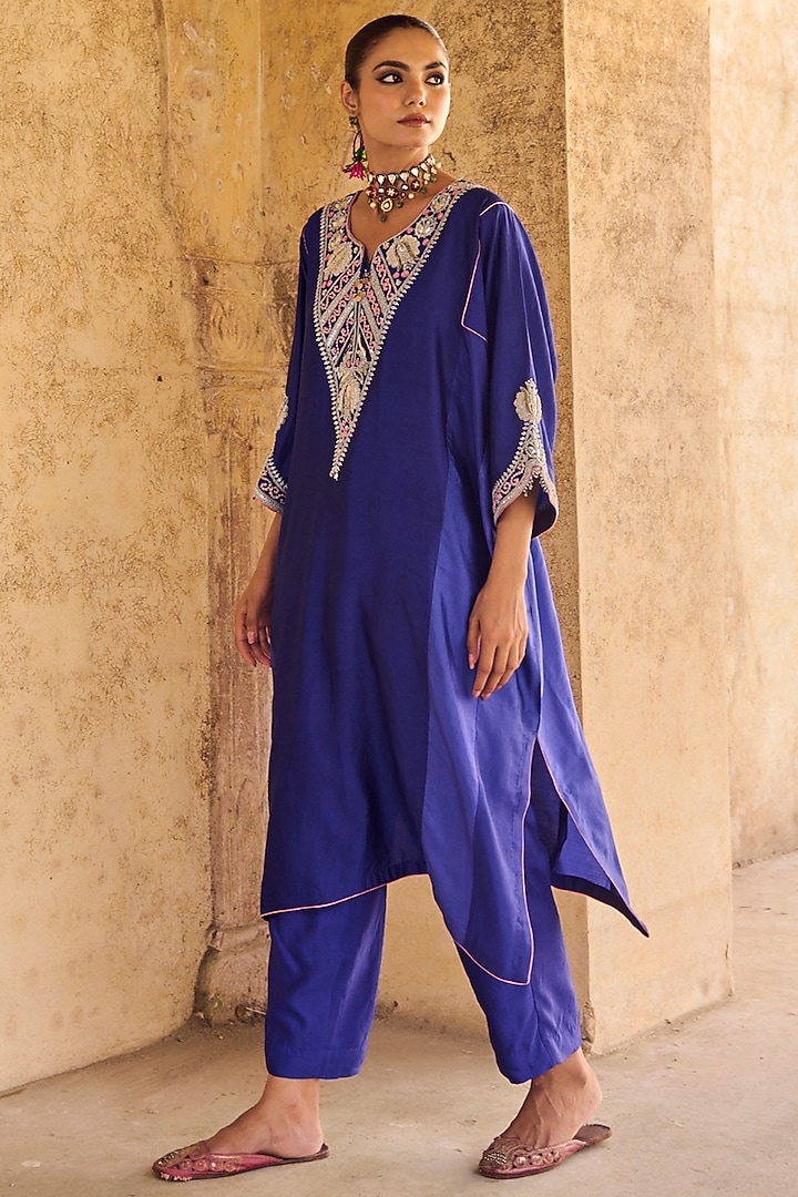 Blue Pure Silk Zardosi Embroidered Kaftan Set by Vinita Bhansali at Pernia's Pop Up Shop