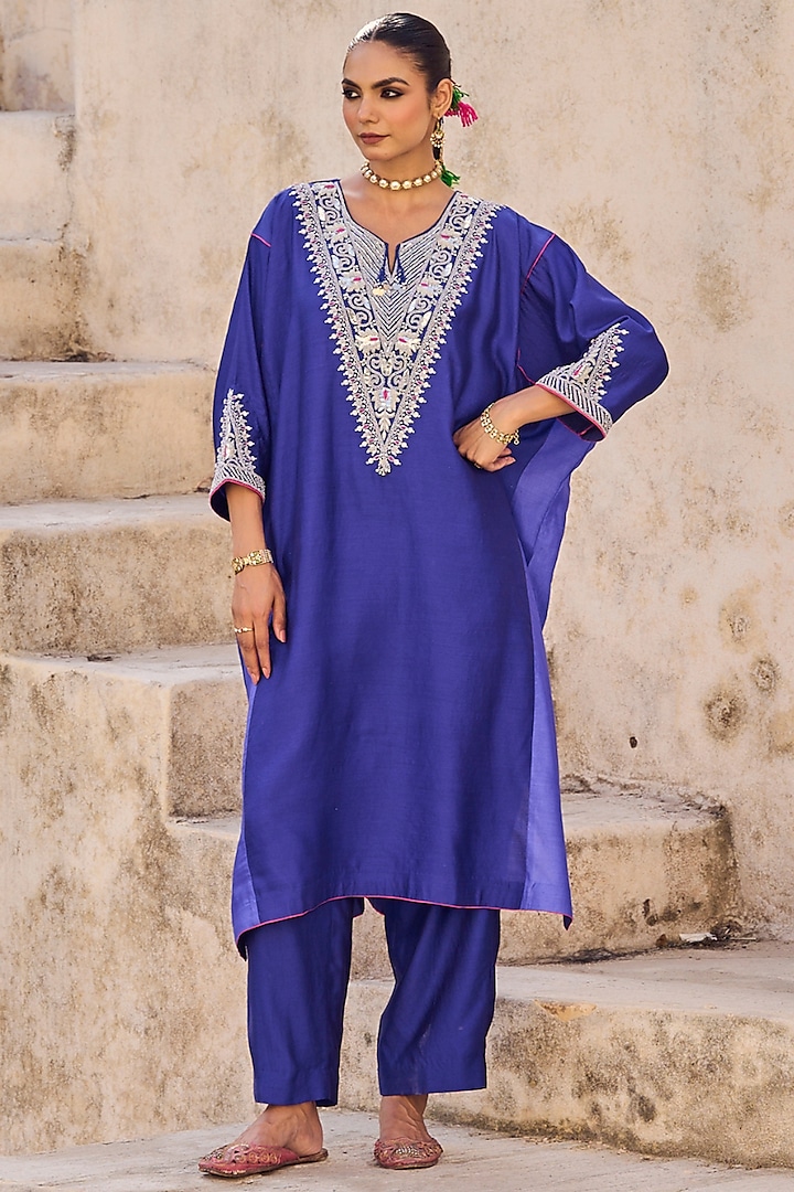 Blue Pure Silk Zardosi Embroidered Kaftan Set by Vinita Bhansali at Pernia's Pop Up Shop