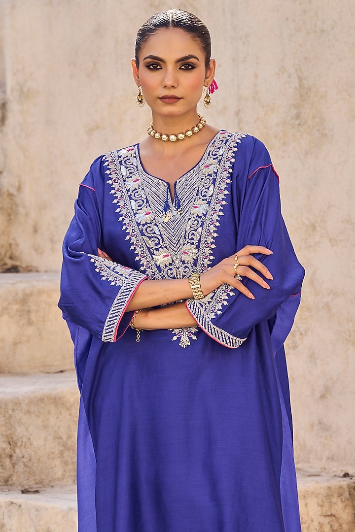 Blue Pure Silk Zardosi Embroidered Kaftan Set by Vinita Bhansali at Pernia's Pop Up Shop