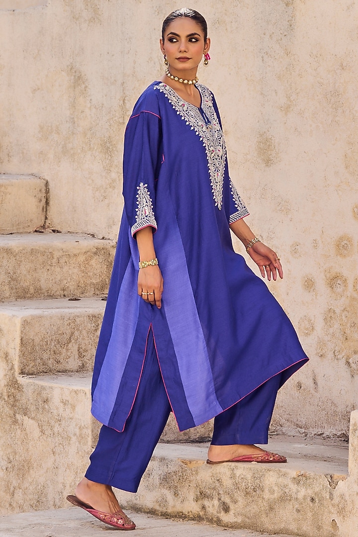 Blue Pure Silk Zardosi Embroidered Kaftan Set by Vinita Bhansali at Pernia's Pop Up Shop