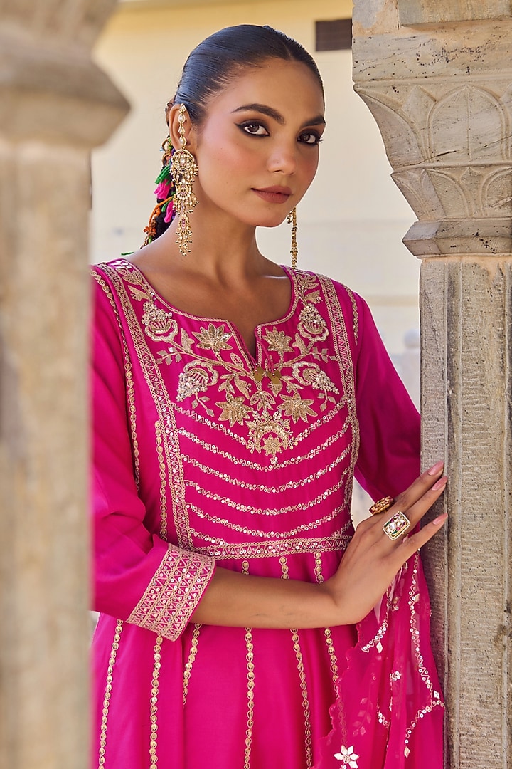 Pink Pure Silk Hand Embroidered Bridal Anarkali Set by Vinita Bhansali at Pernia's Pop Up Shop