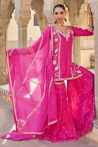 Pink Pure Silk Gota Patti Embroidered Sharara Set by Vinita Bhansali