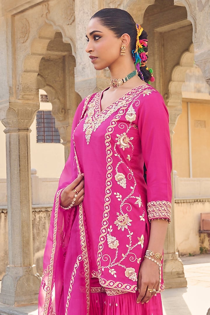 Pink Pure Silk Gota Patti Embroidered Bridal Sharara Set by Vinita Bhansali at Pernia's Pop Up Shop