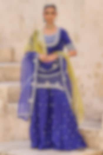 Blue Pure Silk Hand Embroidered Wedding Sharara Set by Vinita Bhansali at Pernia's Pop Up Shop