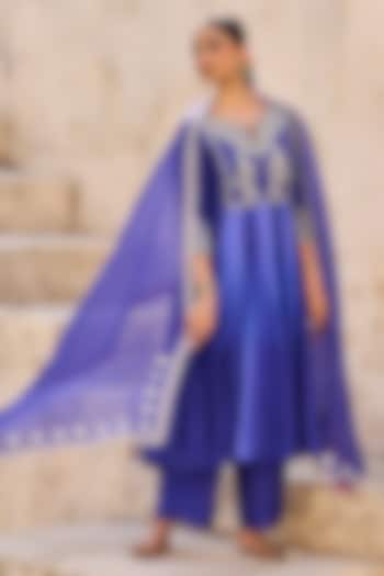 Blue Pure Silk Hand Embroidered Wedding Anarkali Set by Vinita Bhansali at Pernia's Pop Up Shop