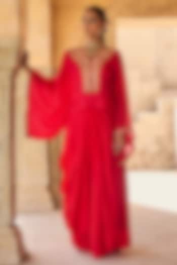 Red Pure Silk Draped Skirt Set by Vinita Bhansali at Pernia's Pop Up Shop