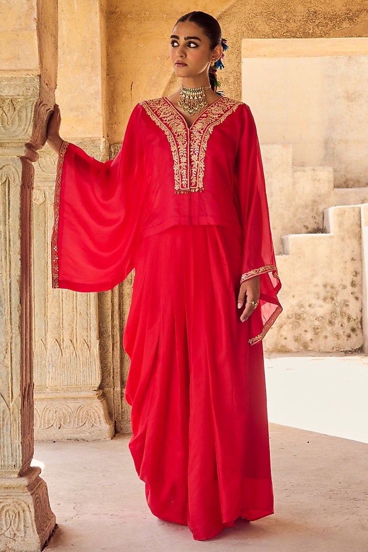 Red Pure Silk Draped Skirt Set by Vinita Bhansali at Pernia's Pop Up Shop