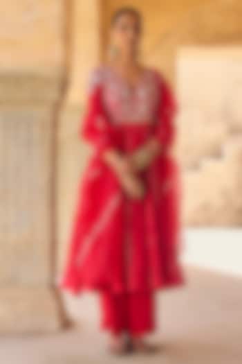 Red Pure Silk Hand Embroidered Wedding Anarkali Set by Vinita Bhansali at Pernia's Pop Up Shop