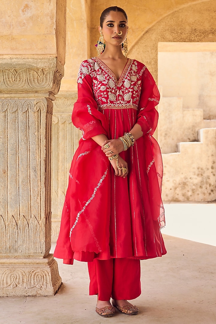 Red Pure Silk Hand Embroidered Wedding Anarkali Set by Vinita Bhansali at Pernia's Pop Up Shop