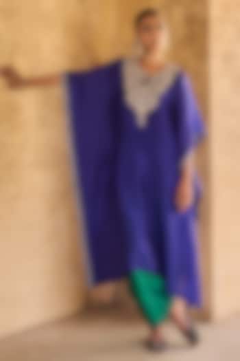 Blue Pure Italian Silk Hand Embroidered Kaftan Set by Vinita Bhansali at Pernia's Pop Up Shop