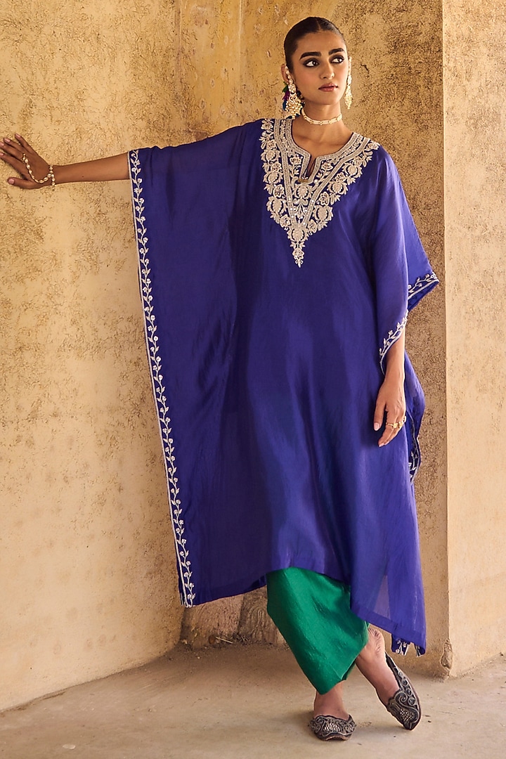 Blue Pure Italian Silk Hand Embroidered Kaftan Set by Vinita Bhansali at Pernia's Pop Up Shop