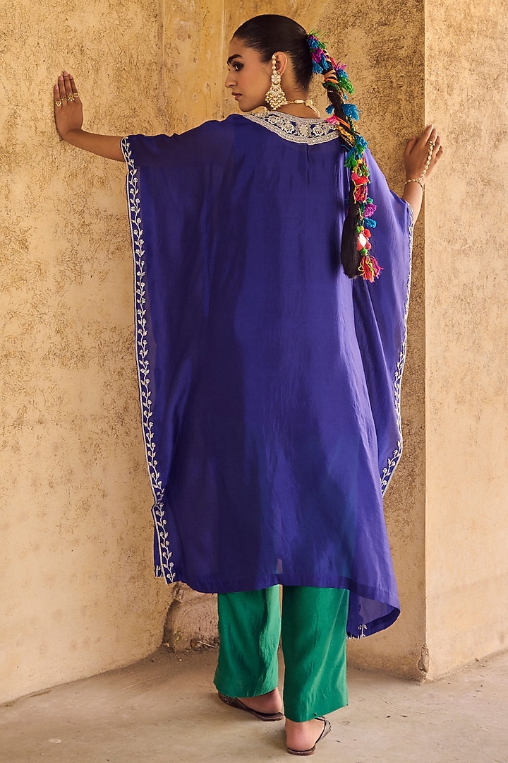 Blue Pure Italian Silk Hand Embroidered Kaftan Set by Vinita Bhansali at Pernia's Pop Up Shop