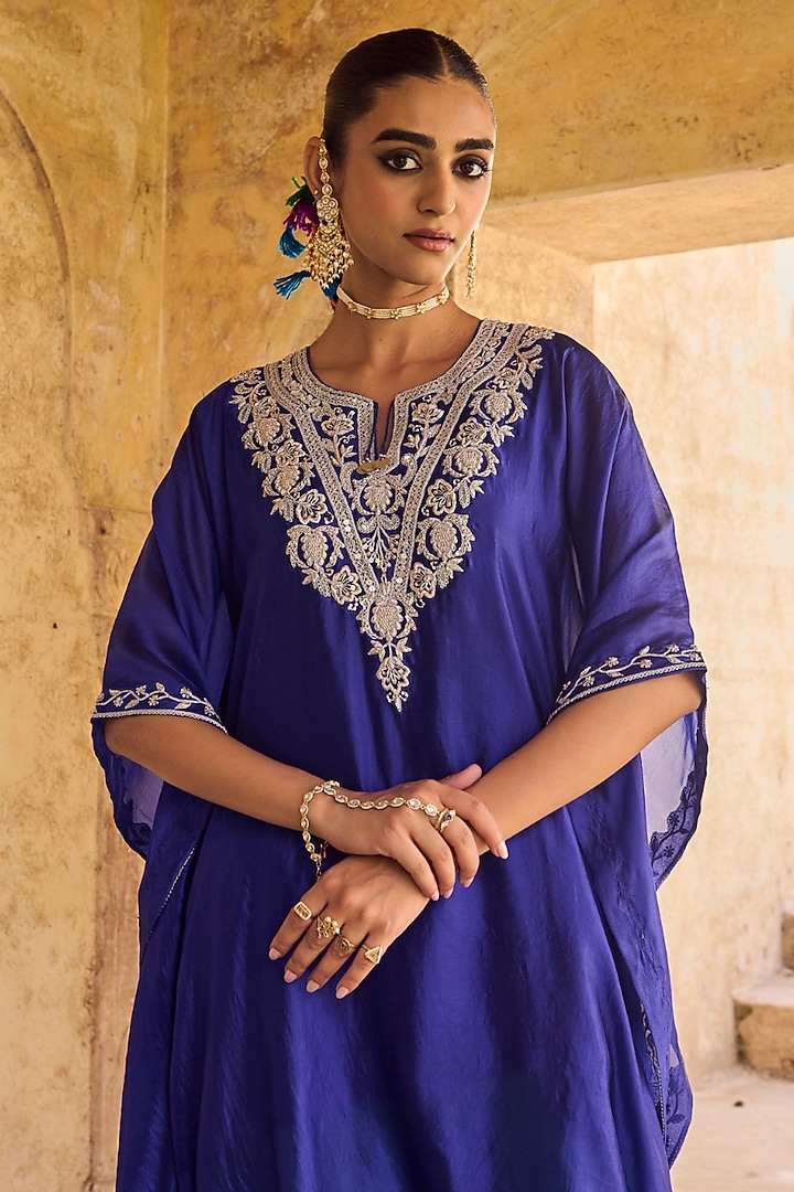 Blue Pure Italian Silk Hand Embroidered Kaftan Set by Vinita Bhansali at Pernia's Pop Up Shop