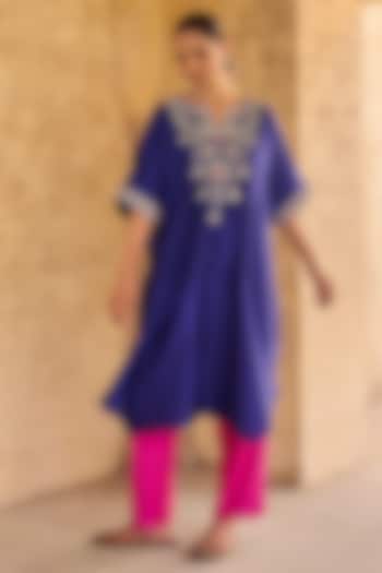 Blue Pure Italian Silk Hand Embroidered Kaftan Set by Vinita Bhansali at Pernia's Pop Up Shop