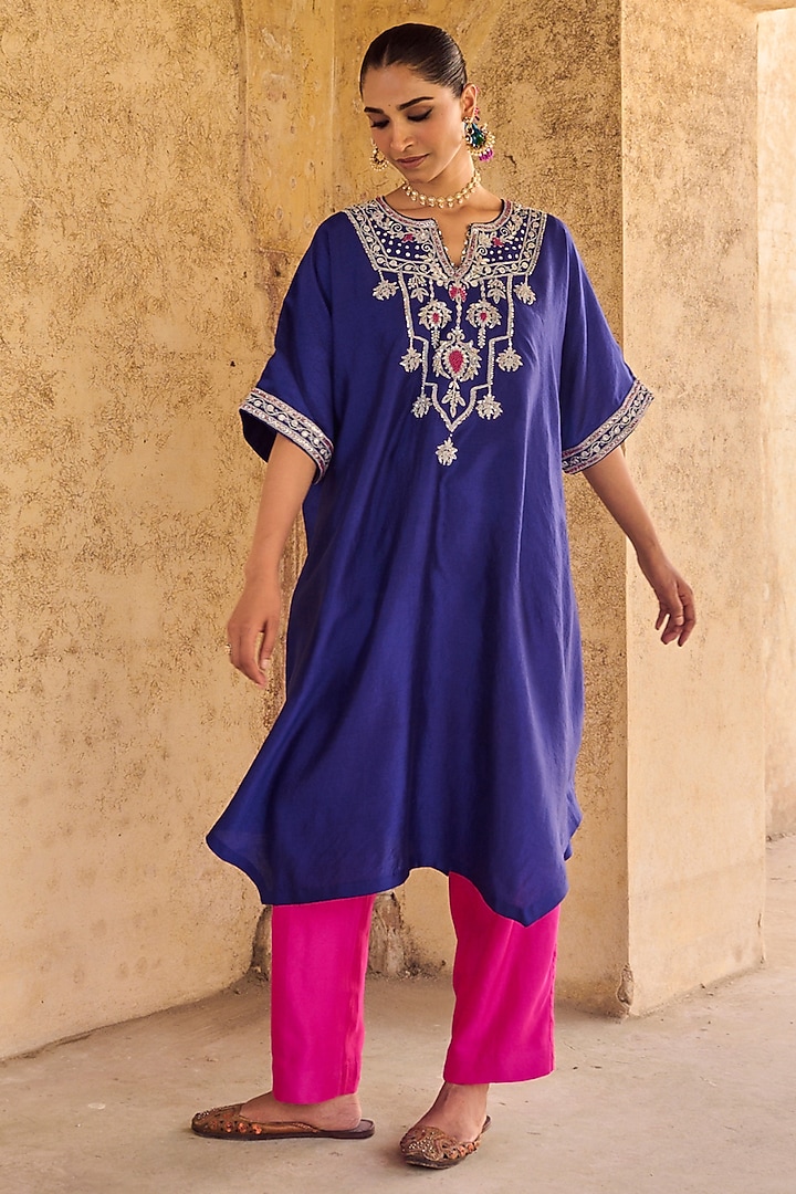Blue Pure Italian Silk Hand Embroidered Kaftan Set by Vinita Bhansali at Pernia's Pop Up Shop