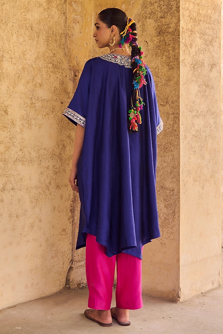 Blue Pure Italian Silk Hand Embroidered Kaftan Set by Vinita Bhansali at Pernia's Pop Up Shop