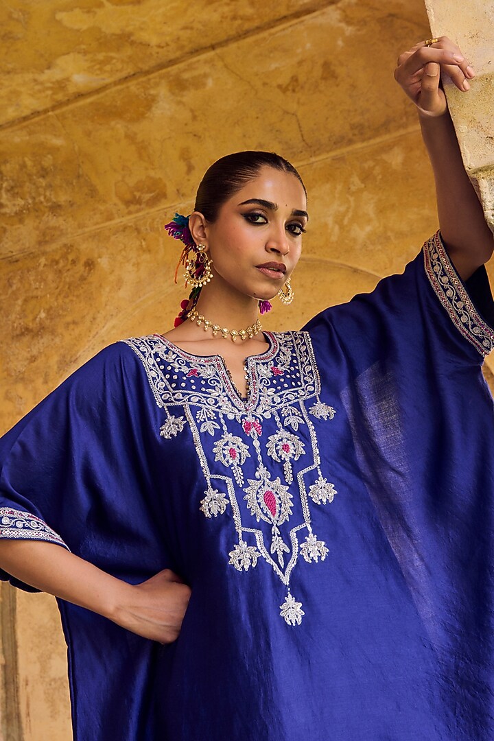 Blue Pure Italian Silk Hand Embroidered Kaftan Set by Vinita Bhansali at Pernia's Pop Up Shop