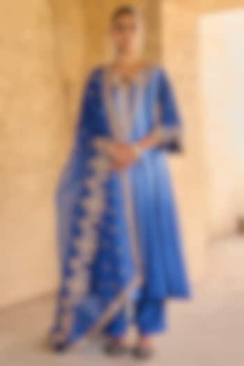 Blue Pure Silk Hand Embroidered Wedding Anarkali Set by Vinita Bhansali at Pernia's Pop Up Shop