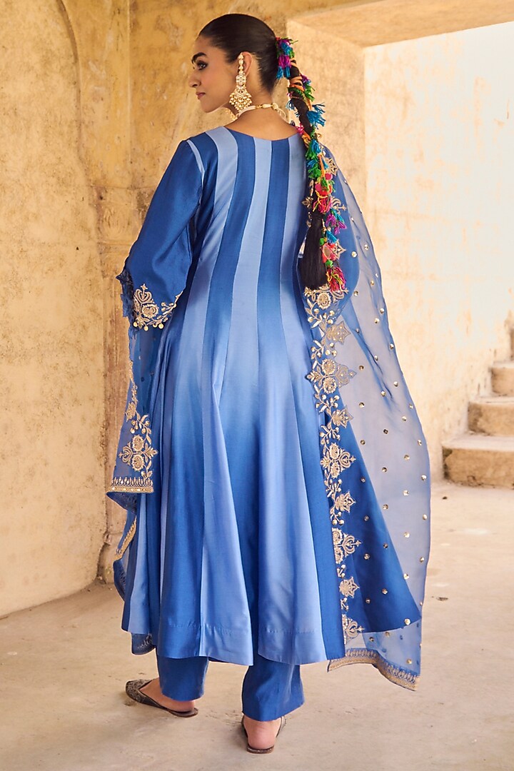 Blue Pure Silk Hand Embroidered Wedding Anarkali Set by Vinita Bhansali at Pernia's Pop Up Shop