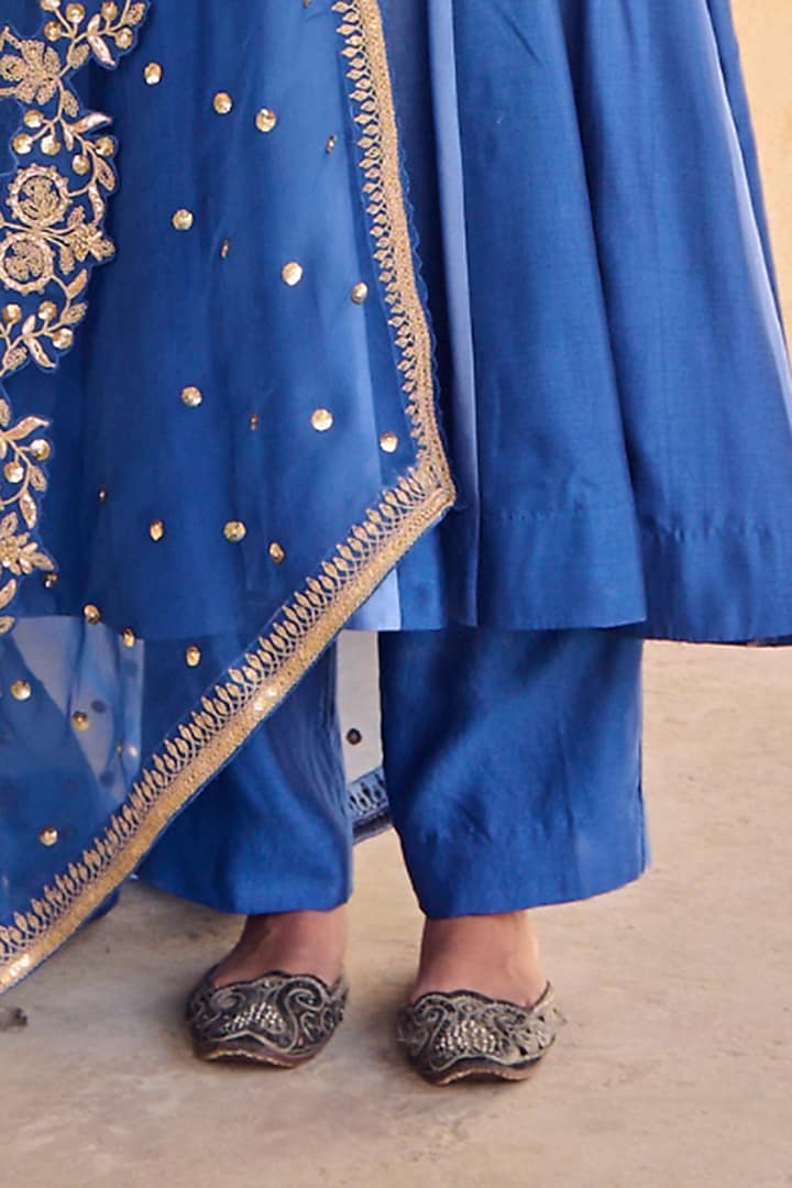 Blue Pure Silk Hand Embroidered Wedding Anarkali Set by Vinita Bhansali at Pernia's Pop Up Shop