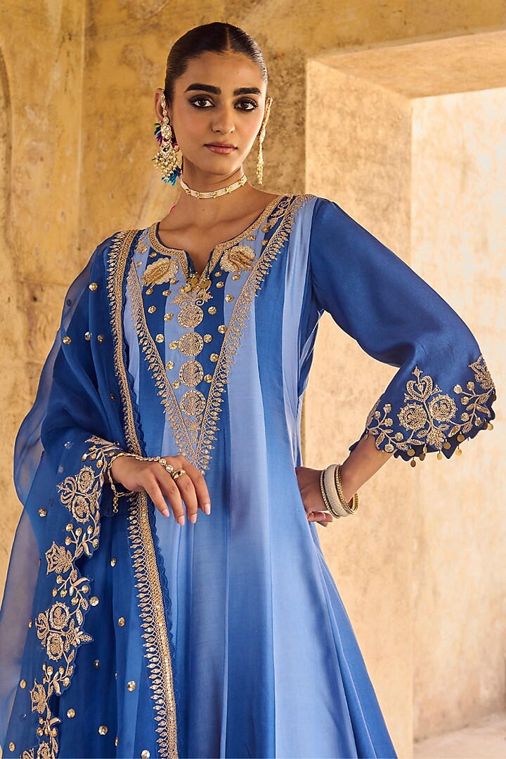 Blue Pure Silk Hand Embroidered Wedding Anarkali Set by Vinita Bhansali at Pernia's Pop Up Shop