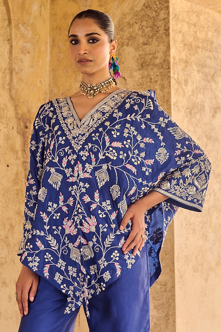 Blue Pure Italian Silk Hand Embroidered Cape Set by Vinita Bhansali at Pernia's Pop Up Shop